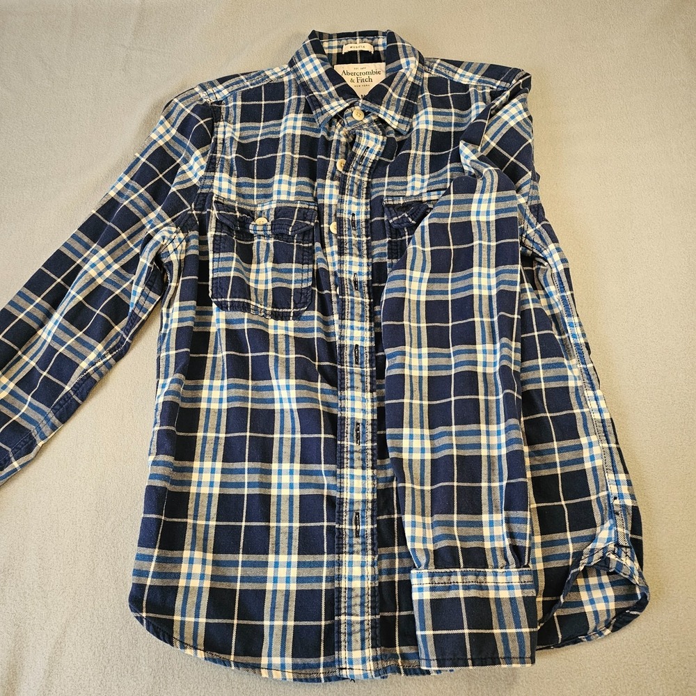 ABERCROMBIE & FITCH Soft A&F Flannel Shirt Jacket Mens Medium Plaid Blue Cream